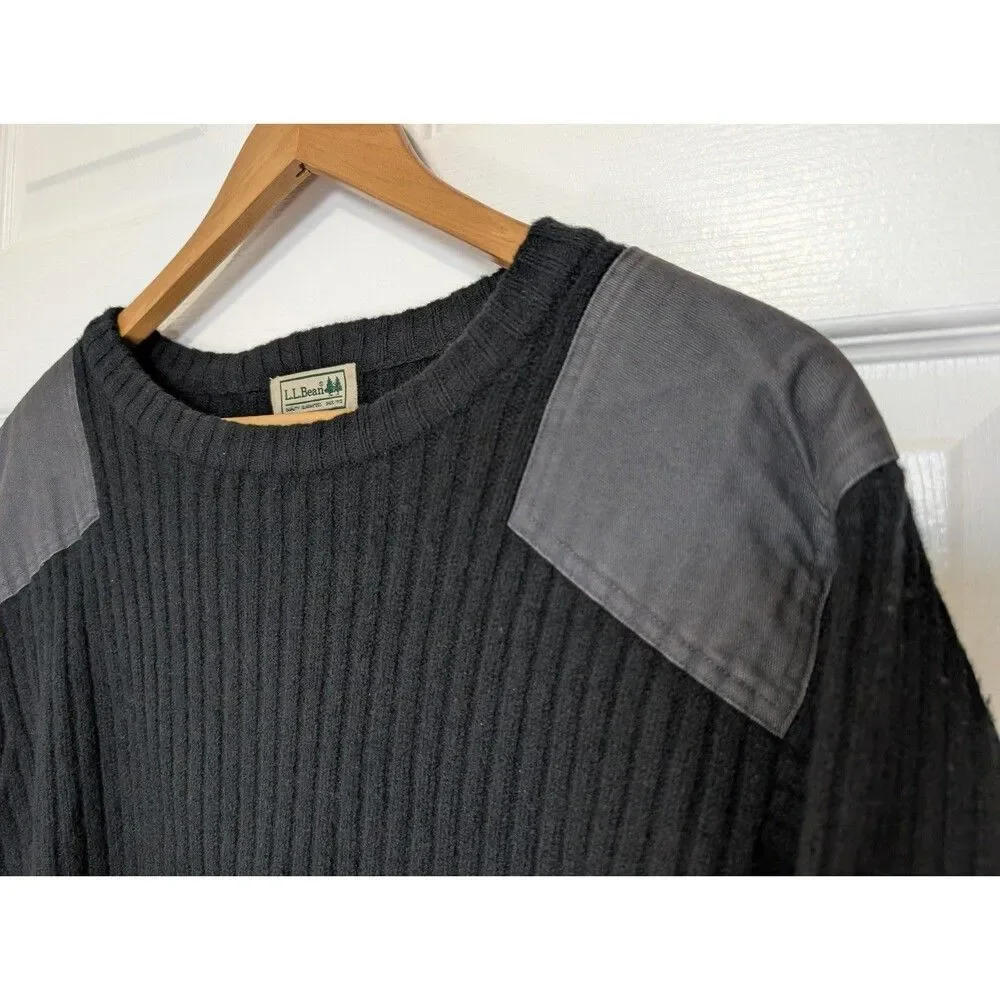 LL Bean Sweater Mens Large Black Commando Merino Wool Ribbed Knit Elbow Patches